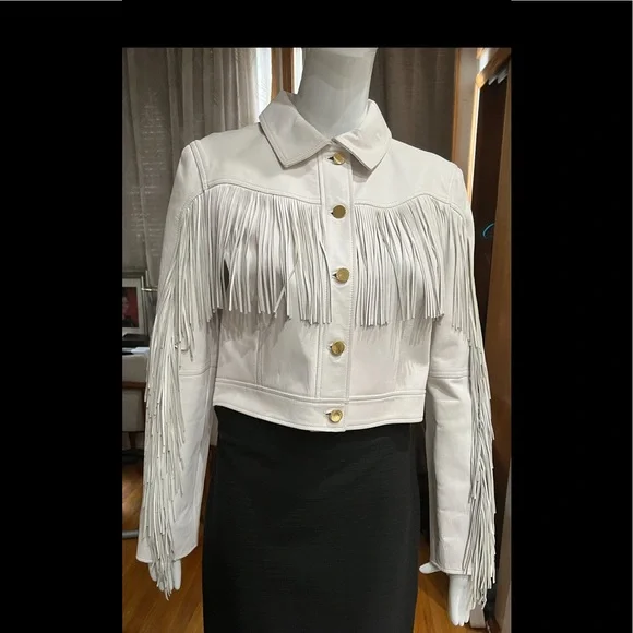 Brand new Diane Von Furstenberg fitted fringe leather jacket in white.Size M - Picture 1 of 8